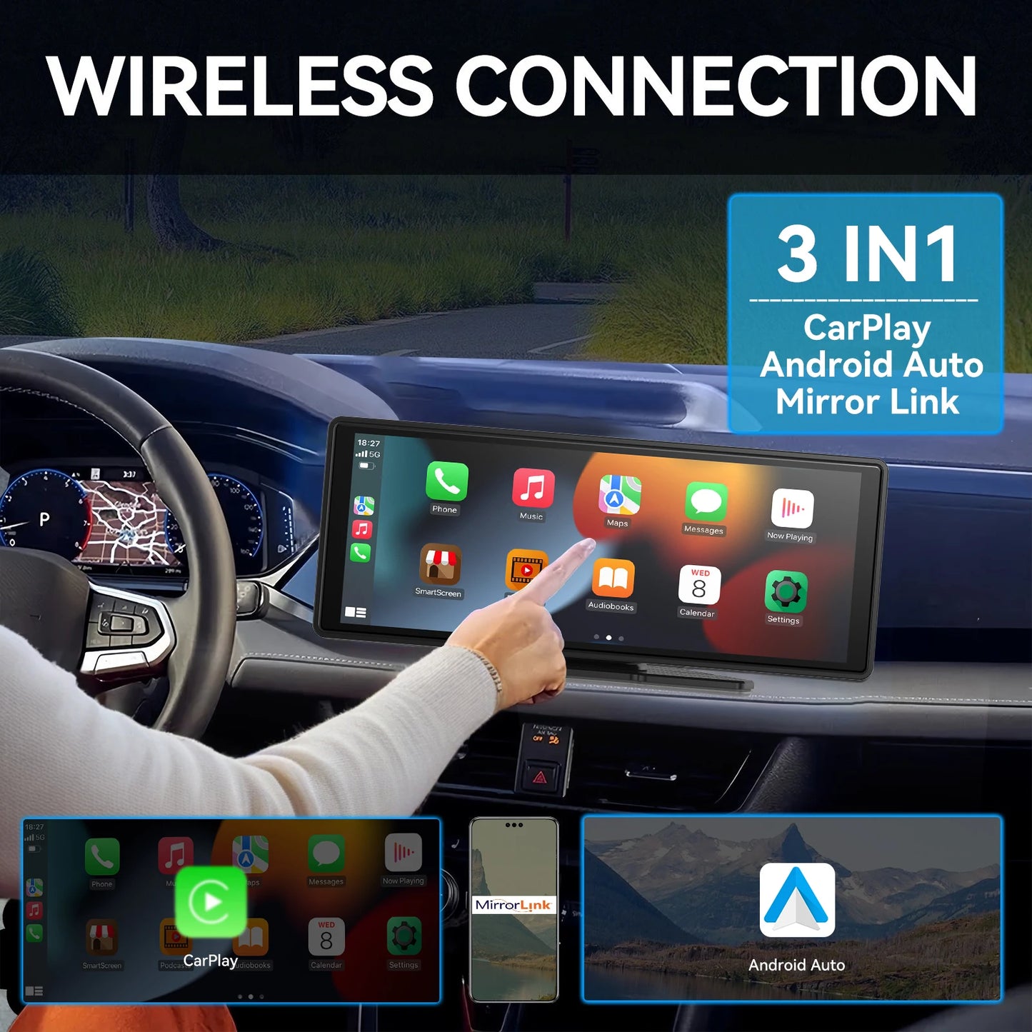 Pionray 10.26” Universal CarPlay Android Auto Car Radio Multimedia Video Player IPS Touch Screen With AUX USB Rearview Camera