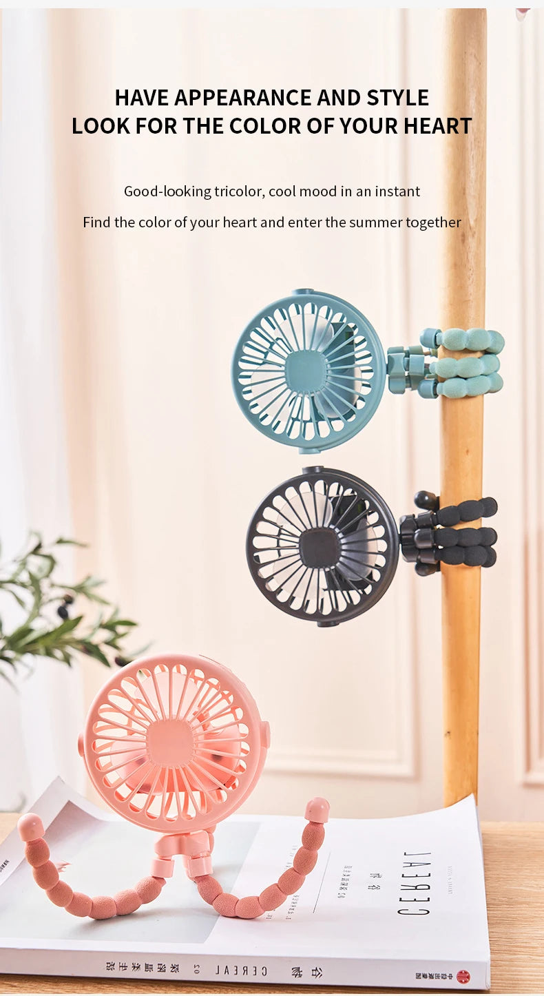 New Multifunctional Childrens Stroller Mini Fan Portable USB Charging Small Fan Mobile Phone Holder Outdoor Handheld Octopus Fan