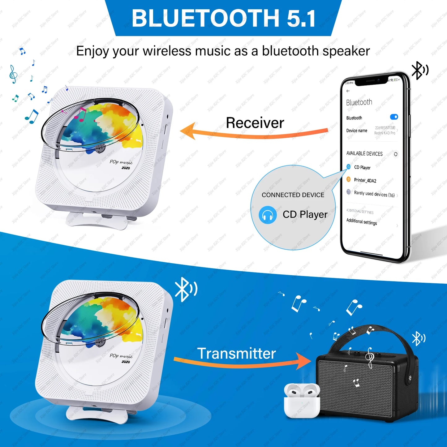 Portable CD Player Built-in Speaker Stereo with Double 3.5mm Headphones Jack LED Screen Wall Mountable CD Music Player KC-909