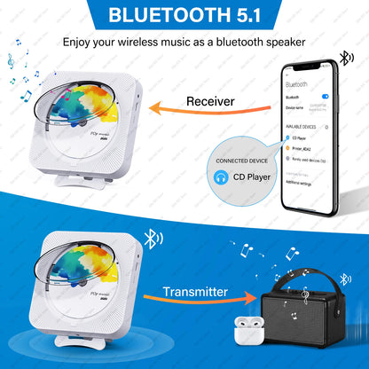 Portable CD Player Built-in Speaker Stereo with Double 3.5mm Headphones Jack LED Screen Wall Mountable CD Music Player KC-909