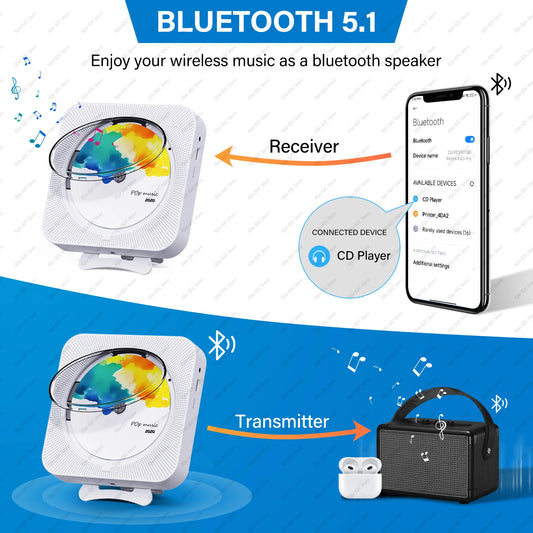 Portable CD Player Built-in Speaker Stereo with Double 3.5mm Headphones Jack LED Screen Wall Mountable CD Music Player KC-909