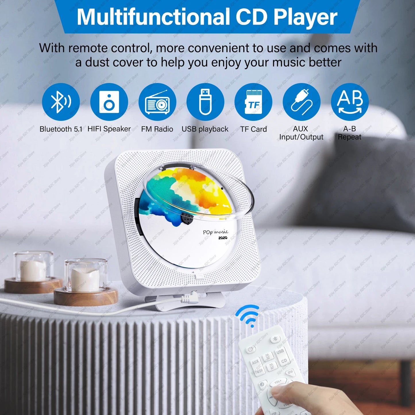 Portable CD Player Built-in Speaker Stereo with Double 3.5mm Headphones Jack LED Screen Wall Mountable CD Music Player KC-909