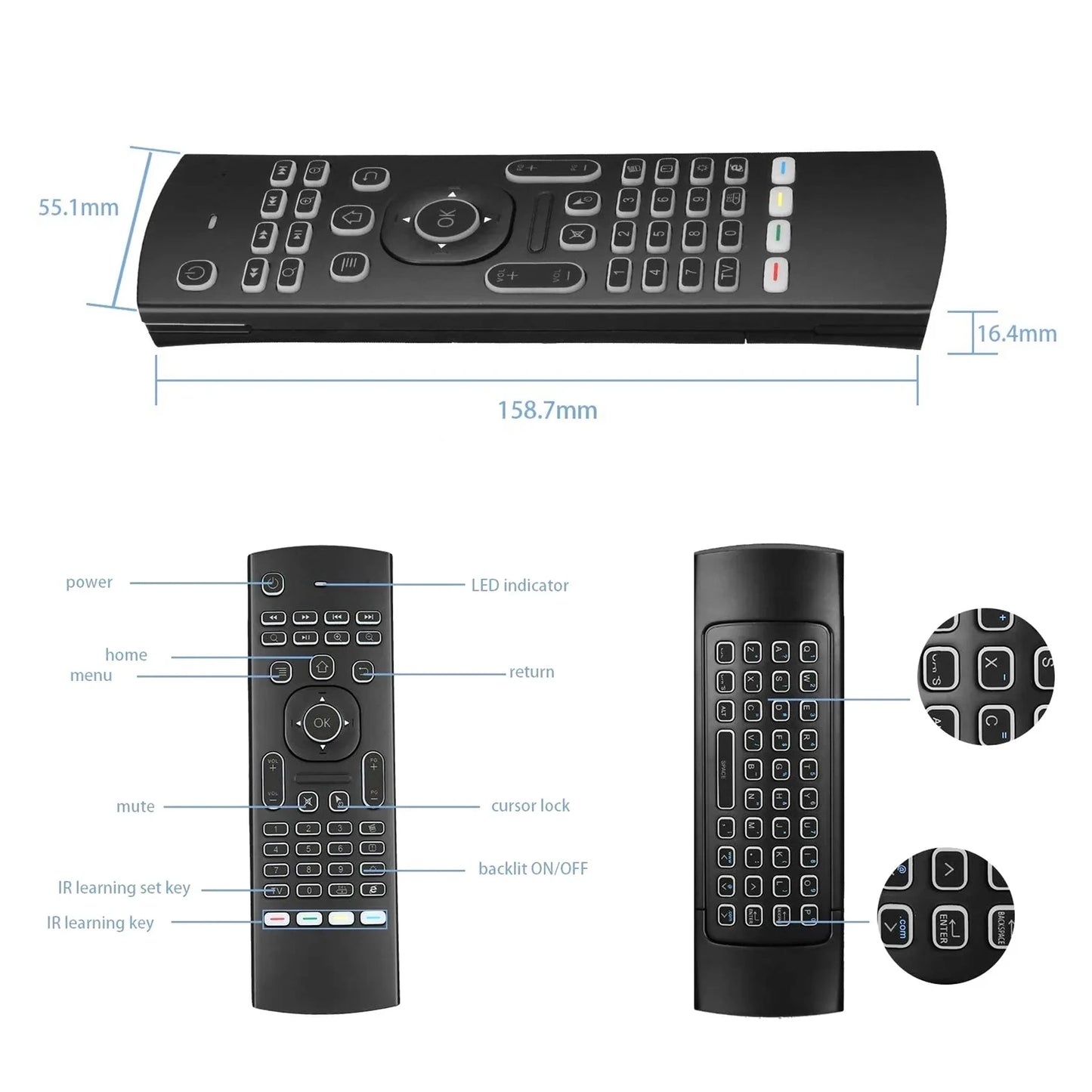 MRSVI 2.4GHz Wireless MX3 Air Mouse Remote Control Backlit IR Learning Mini Keyboard for PC,Android TV Box