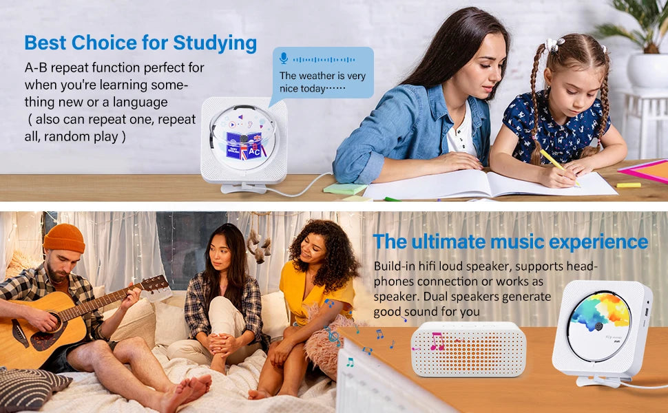Portable CD Player Built-in Speaker Stereo with Double 3.5mm Headphones Jack LED Screen Wall Mountable CD Music Player KC-909