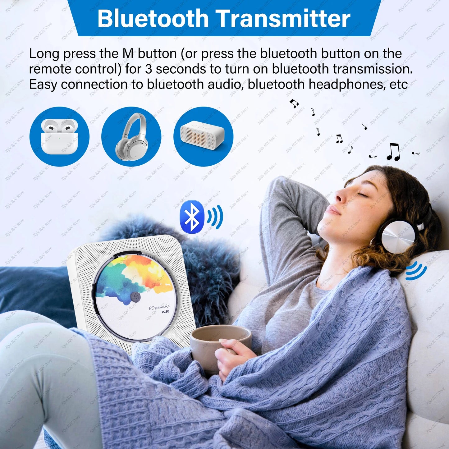 Portable CD Player Built-in Speaker Stereo with Double 3.5mm Headphones Jack LED Screen Wall Mountable CD Music Player KC-909