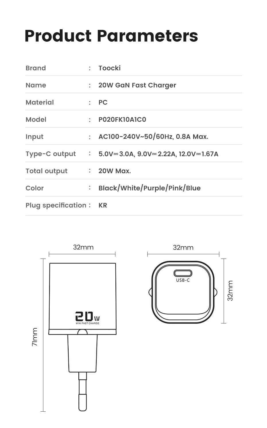 Toocki 20W Type C GaN Charger PD QC 3.0 Quick Charge USB Type C Phone Charger For iPhone 15 14 13 12 11 Pro Max iPad Charging