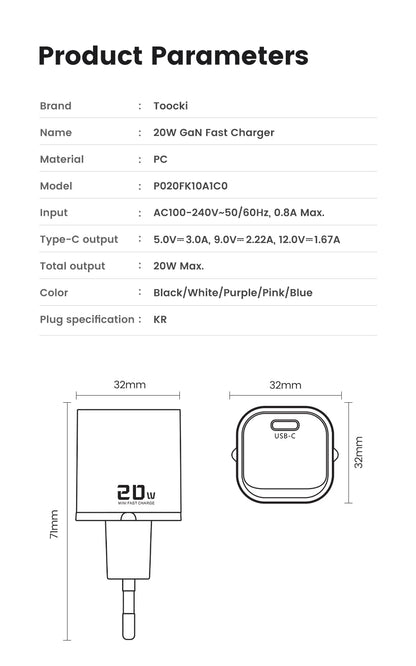 Toocki 20W Type C GaN Charger PD QC 3.0 Quick Charge USB Type C Phone Charger For iPhone 15 14 13 12 11 Pro Max iPad Charging