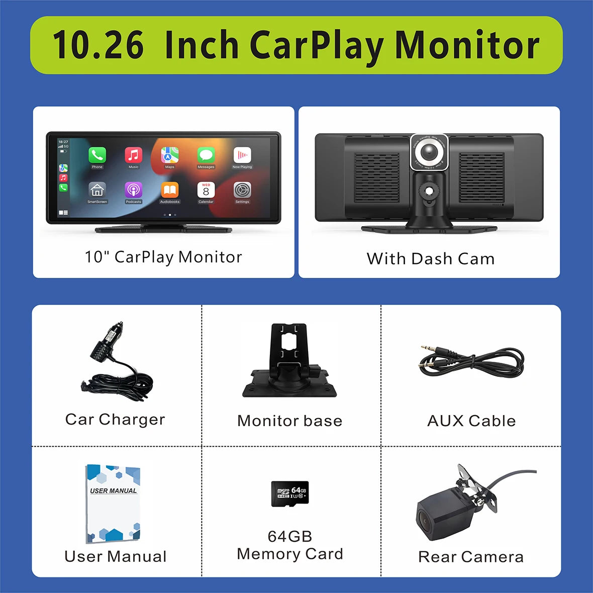 Pionray 10.26” Universal CarPlay Android Auto Car Radio Multimedia Video Player IPS Touch Screen With AUX USB Rearview Camera