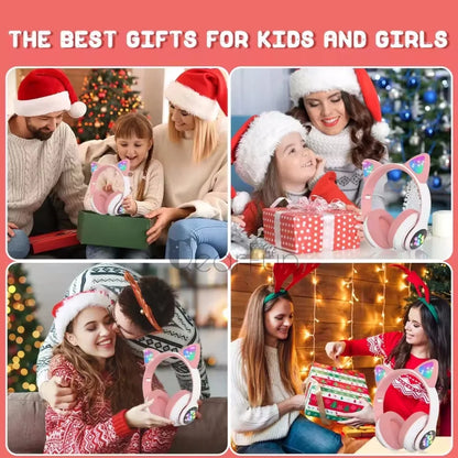Cute Cat Ear Wireless Headset for Children Girls LED Bluetooth Compatible Stereo Folding Sports Headset with Microphone