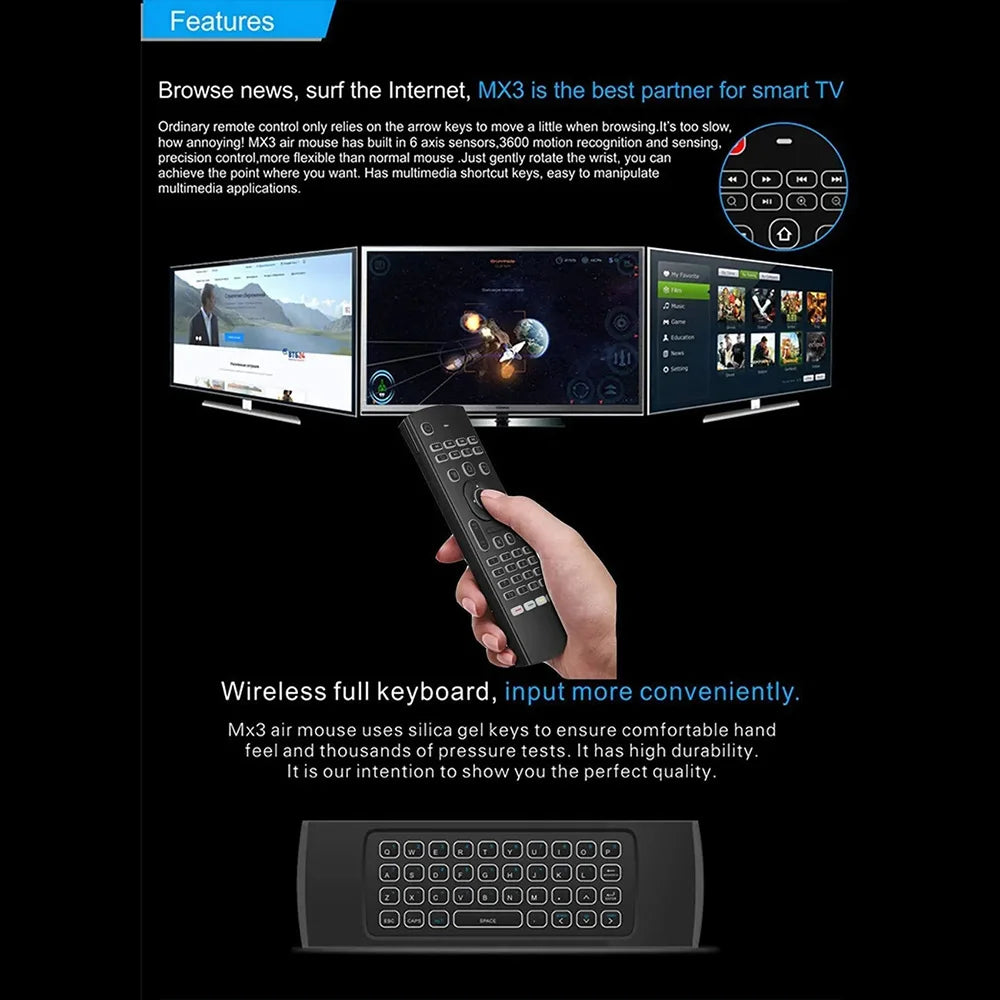 MRSVI 2.4GHz Wireless MX3 Air Mouse Remote Control Backlit IR Learning Mini Keyboard for PC,Android TV Box