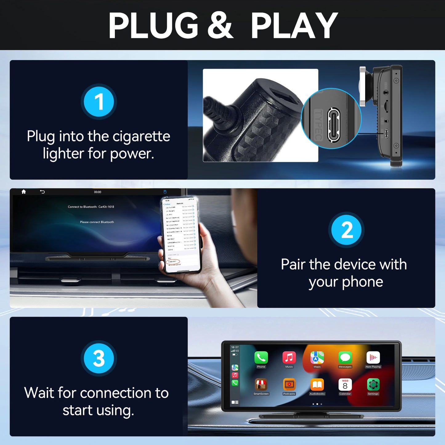 Pionray 10.26” Universal CarPlay Android Auto Car Radio Multimedia Video Player IPS Touch Screen With AUX USB Rearview Camera