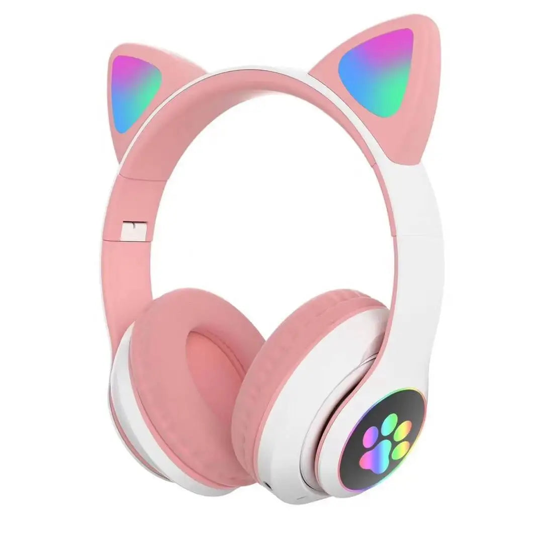 Cute Cat Ear Wireless Headset for Children Girls LED Bluetooth Compatible Stereo Folding Sports Headset with Microphone