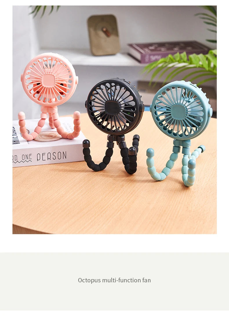 New Multifunctional Childrens Stroller Mini Fan Portable USB Charging Small Fan Mobile Phone Holder Outdoor Handheld Octopus Fan