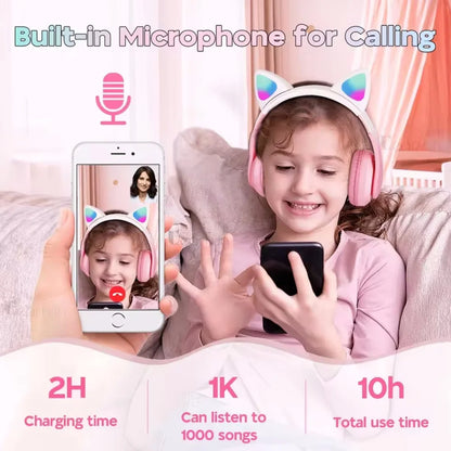 Cute Cat Ear Wireless Headset for Children Girls LED Bluetooth Compatible Stereo Folding Sports Headset with Microphone