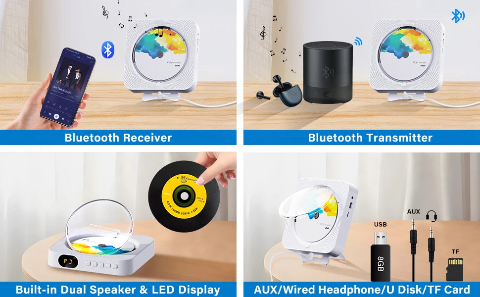 Portable CD Player Built-in Speaker Stereo with Double 3.5mm Headphones Jack LED Screen Wall Mountable CD Music Player KC-909