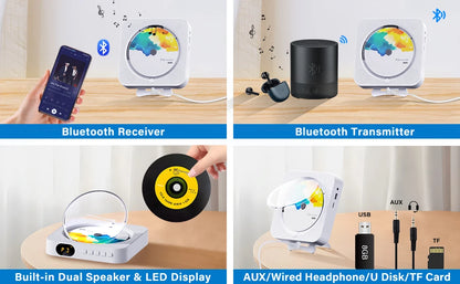 Portable CD Player Built-in Speaker Stereo with Double 3.5mm Headphones Jack LED Screen Wall Mountable CD Music Player KC-909