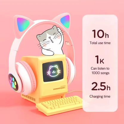 Cute Cat Ear Wireless Headset for Children Girls LED Bluetooth Compatible Stereo Folding Sports Headset with Microphone