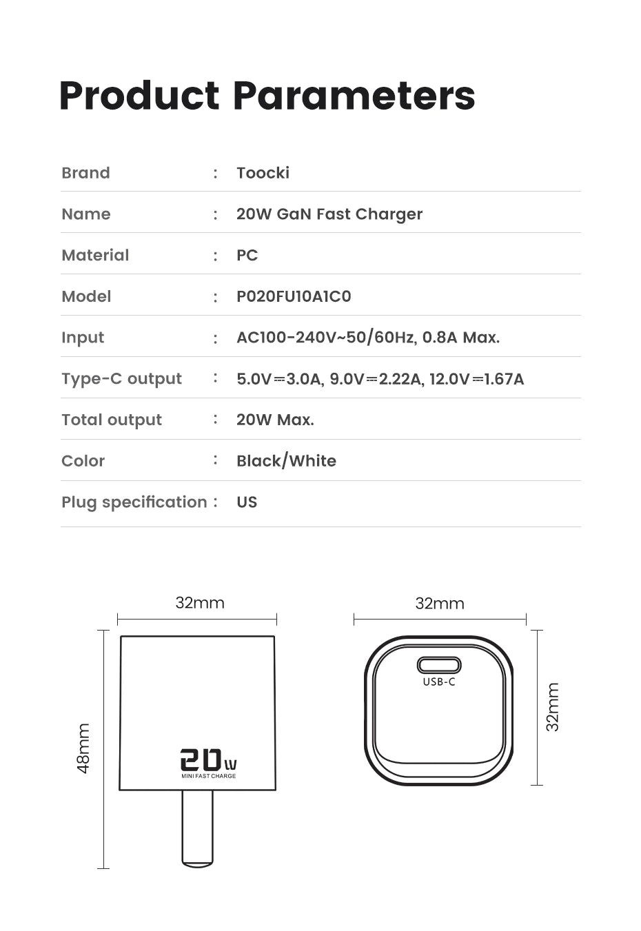 Toocki 20W Type C GaN Charger PD QC 3.0 Quick Charge USB Type C Phone Charger For iPhone 15 14 13 12 11 Pro Max iPad Charging