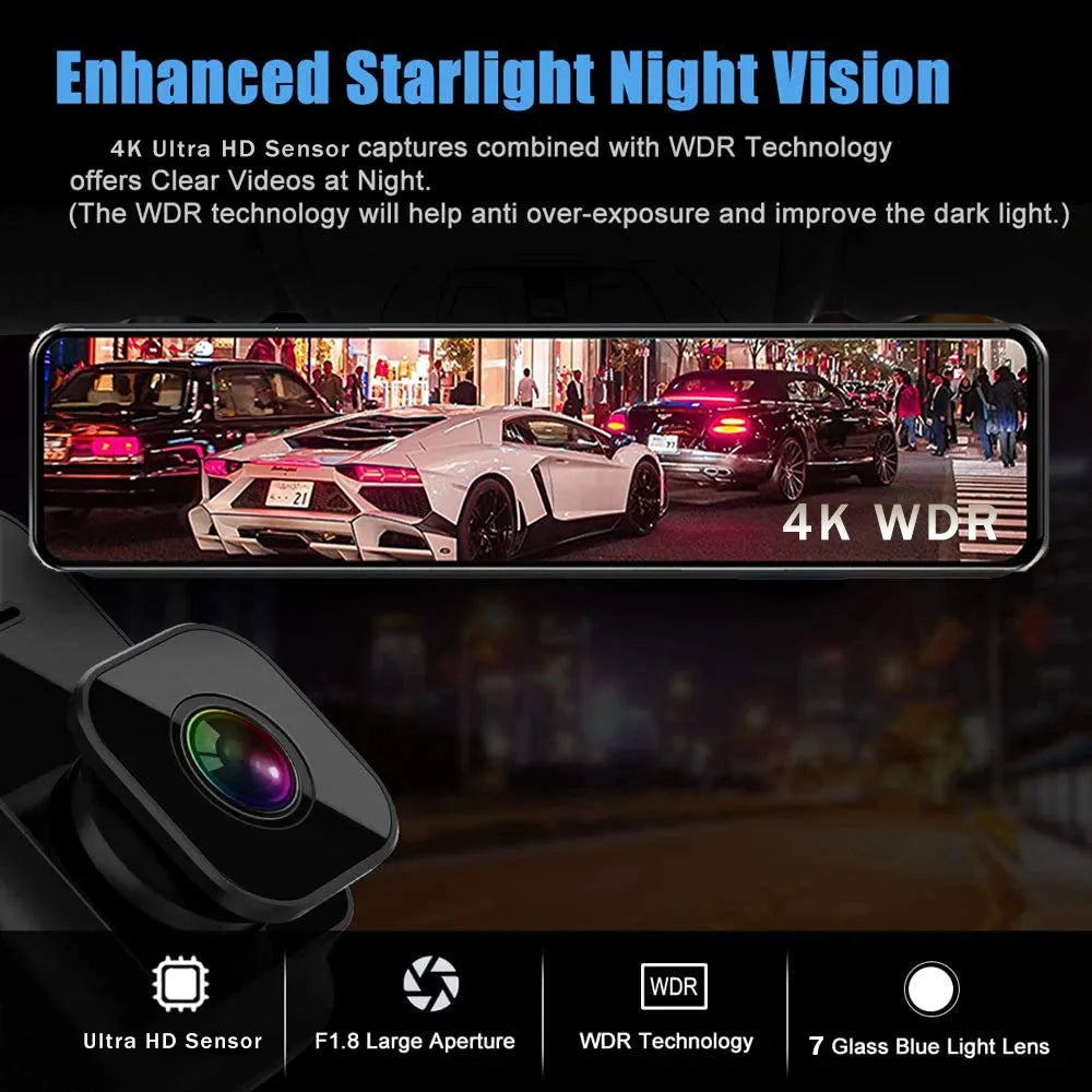 11.26" UHD 4K 2160P Car Dvr GPS WIFI Mirror Dash Cam Dual Lens Dashcam IPS Screen Camera Drive Recorder Stream RearView Mirror
