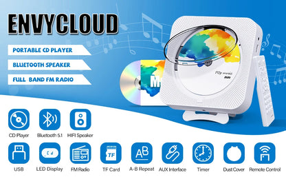 Portable CD Player Built-in Speaker Stereo with Double 3.5mm Headphones Jack LED Screen Wall Mountable CD Music Player KC-909