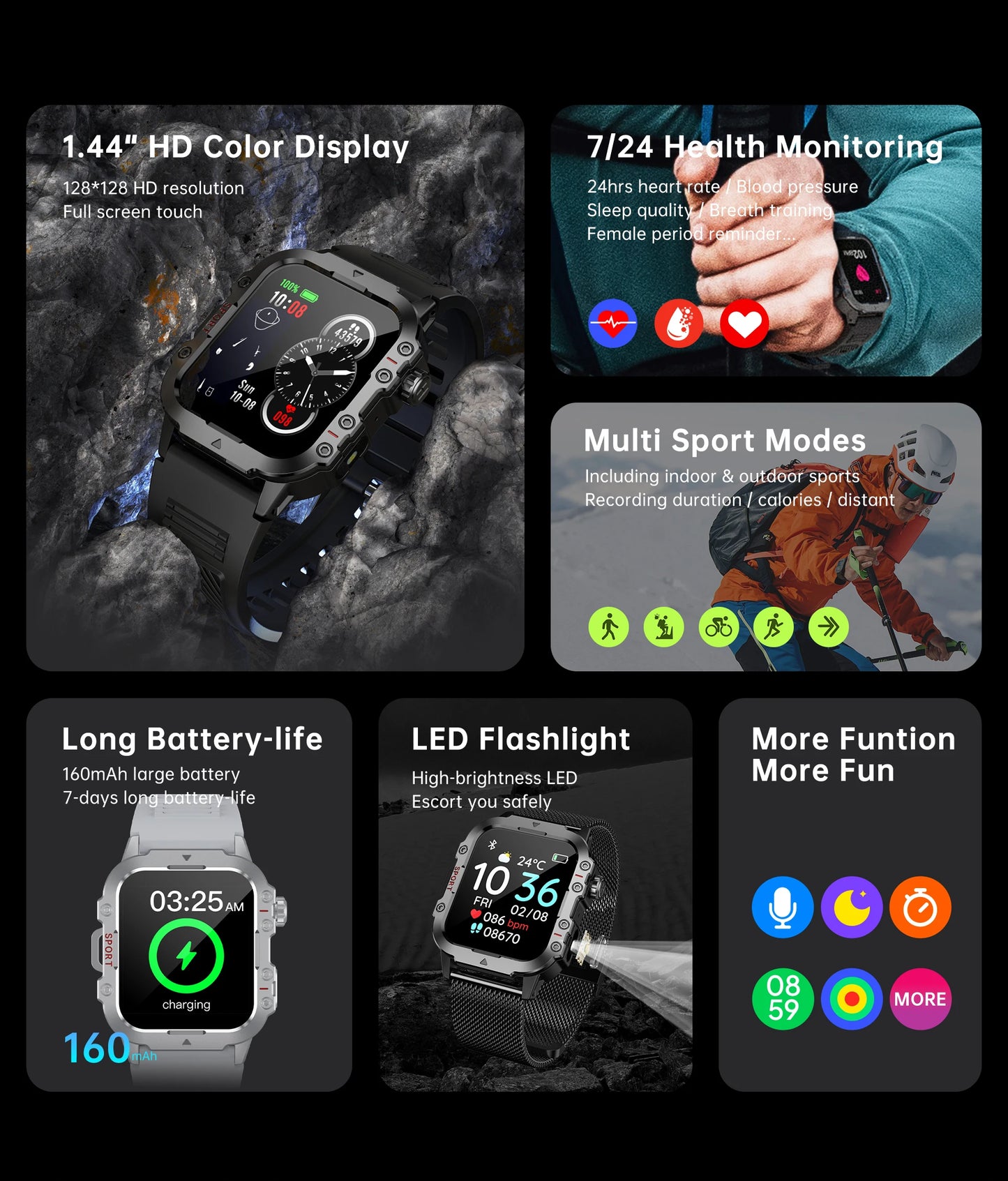 2024 Smart Watch Android Phone 1.44'' Inch Color Screen Bluetooth Call Blood Oxygen/Pressure Monitoring Smart Watch Women Men