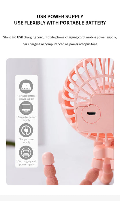 New Multifunctional Childrens Stroller Mini Fan Portable USB Charging Small Fan Mobile Phone Holder Outdoor Handheld Octopus Fan