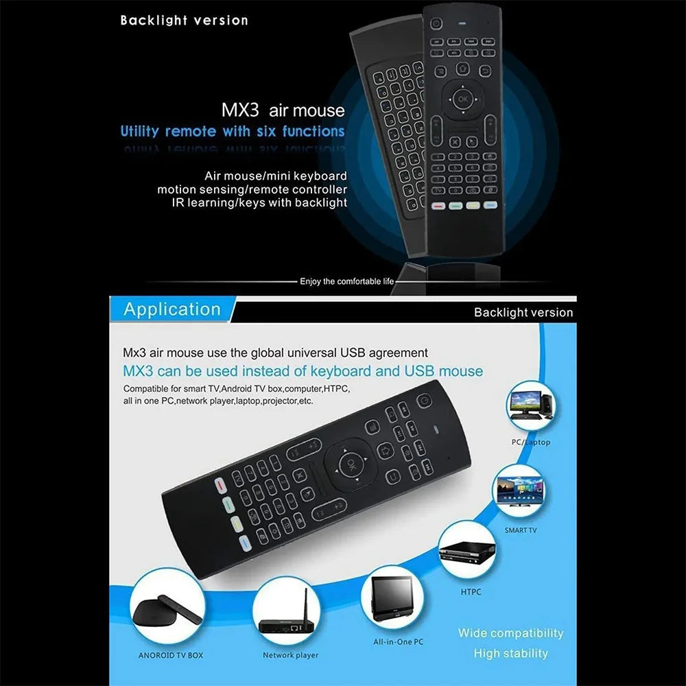 MRSVI 2.4GHz Wireless MX3 Air Mouse Remote Control Backlit IR Learning Mini Keyboard for PC,Android TV Box