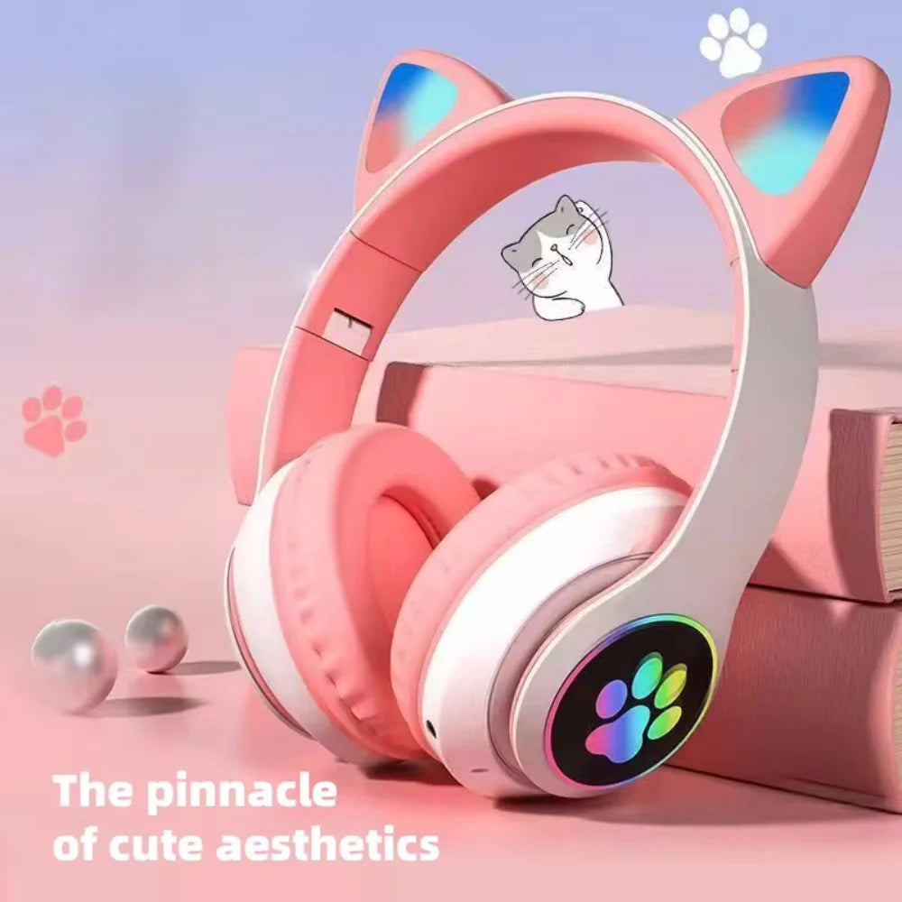 Cute Cat Ear Wireless Headset for Children Girls LED Bluetooth Compatible Stereo Folding Sports Headset with Microphone