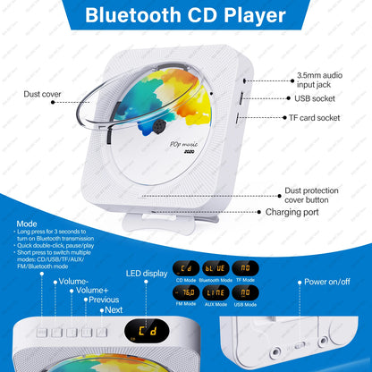 Portable CD Player Built-in Speaker Stereo with Double 3.5mm Headphones Jack LED Screen Wall Mountable CD Music Player KC-909