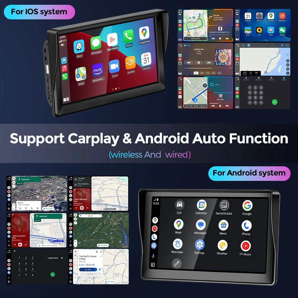 Wireless carplay android auto Portable Car Radio Multimedia Video Player Universal 7 inch Touch Screen With FM Rear View Camera