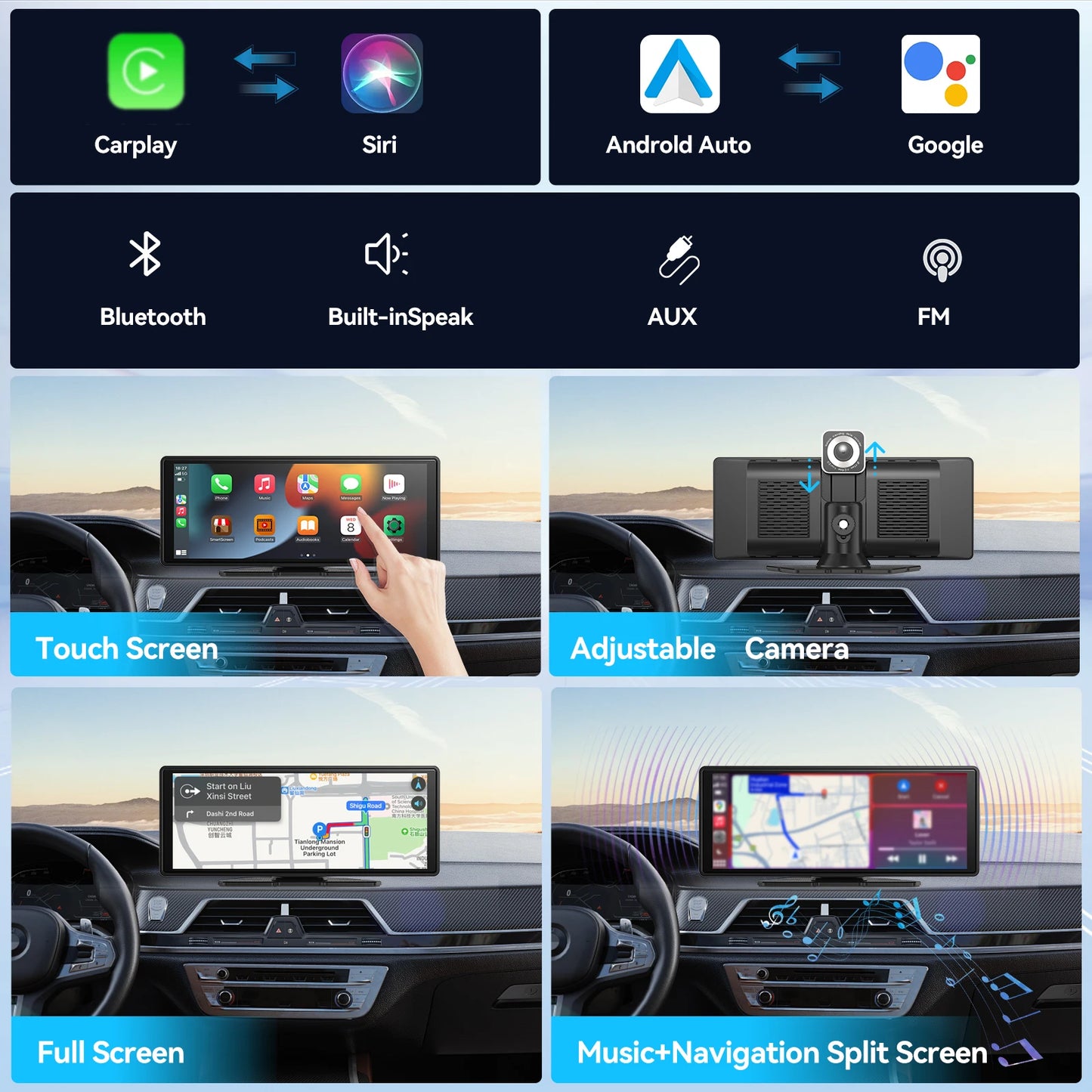 Pionray 10.26” Universal CarPlay Android Auto Car Radio Multimedia Video Player IPS Touch Screen With AUX USB Rearview Camera