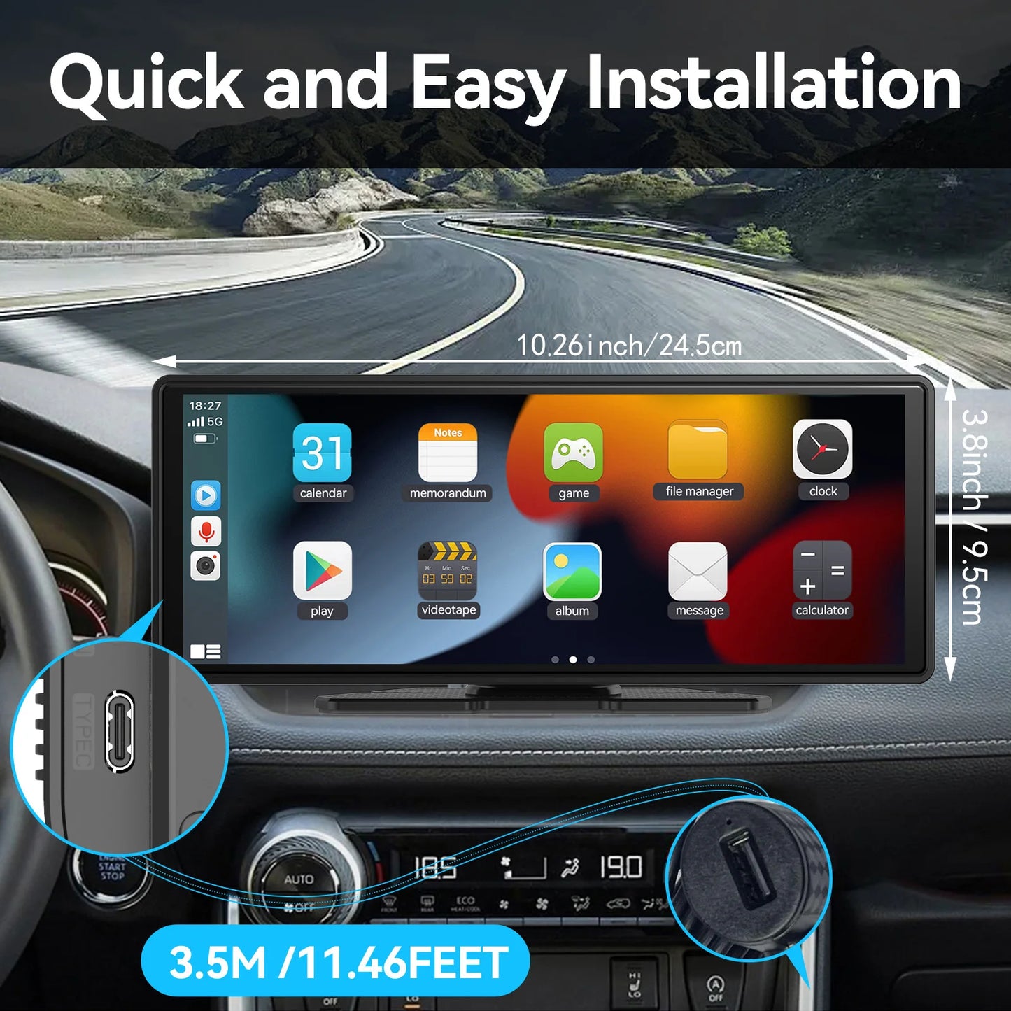 Pionray 10.26” Universal CarPlay Android Auto Car Radio Multimedia Video Player IPS Touch Screen With AUX USB Rearview Camera