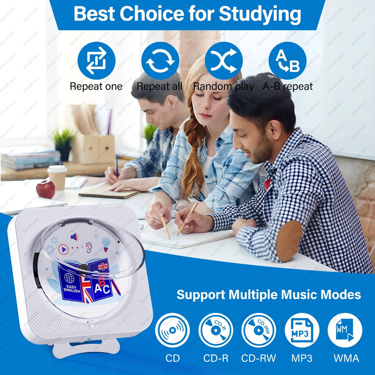 Portable CD Player Built-in Speaker Stereo with Double 3.5mm Headphones Jack LED Screen Wall Mountable CD Music Player KC-909