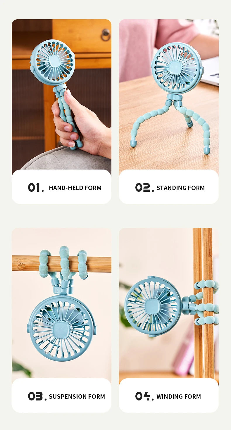 New Multifunctional Childrens Stroller Mini Fan Portable USB Charging Small Fan Mobile Phone Holder Outdoor Handheld Octopus Fan