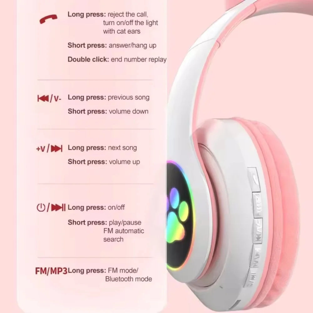 Cute Cat Ear Wireless Headset for Children Girls LED Bluetooth Compatible Stereo Folding Sports Headset with Microphone