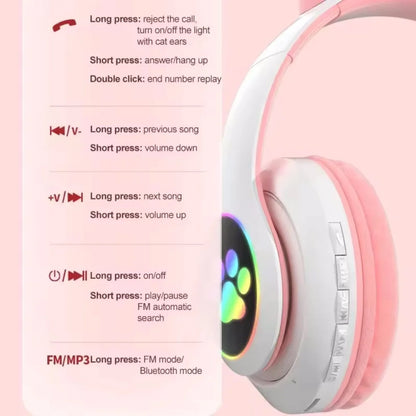 Cute Cat Ear Wireless Headset for Children Girls LED Bluetooth Compatible Stereo Folding Sports Headset with Microphone