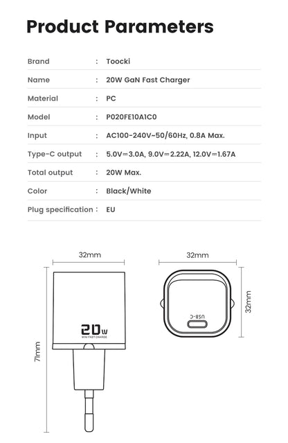 Toocki 20W Type C GaN Charger PD QC 3.0 Quick Charge USB Type C Phone Charger For iPhone 15 14 13 12 11 Pro Max iPad Charging