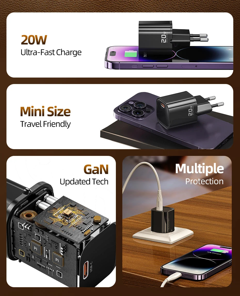 Toocki 20W Type C GaN Charger PD QC 3.0 Quick Charge USB Type C Phone Charger For iPhone 15 14 13 12 11 Pro Max iPad Charging