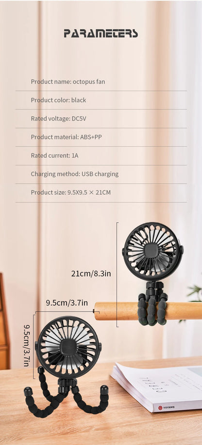 New Multifunctional Childrens Stroller Mini Fan Portable USB Charging Small Fan Mobile Phone Holder Outdoor Handheld Octopus Fan