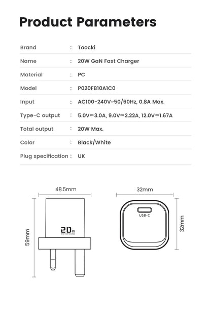 Toocki 20W Type C GaN Charger PD QC 3.0 Quick Charge USB Type C Phone Charger For iPhone 15 14 13 12 11 Pro Max iPad Charging