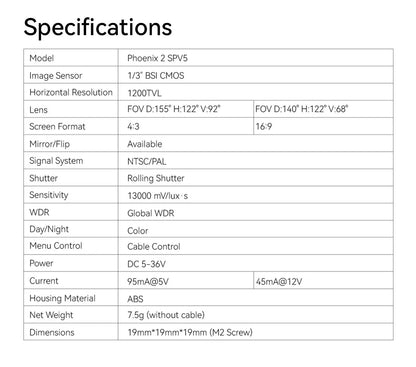 RunCam Phoenix 2 SP V5 Camera DC 5-36V Screen Ratio 4:3/16:9 7.5g 19*19*21mm Night View for RC FPV Racing Drones Toy Parts