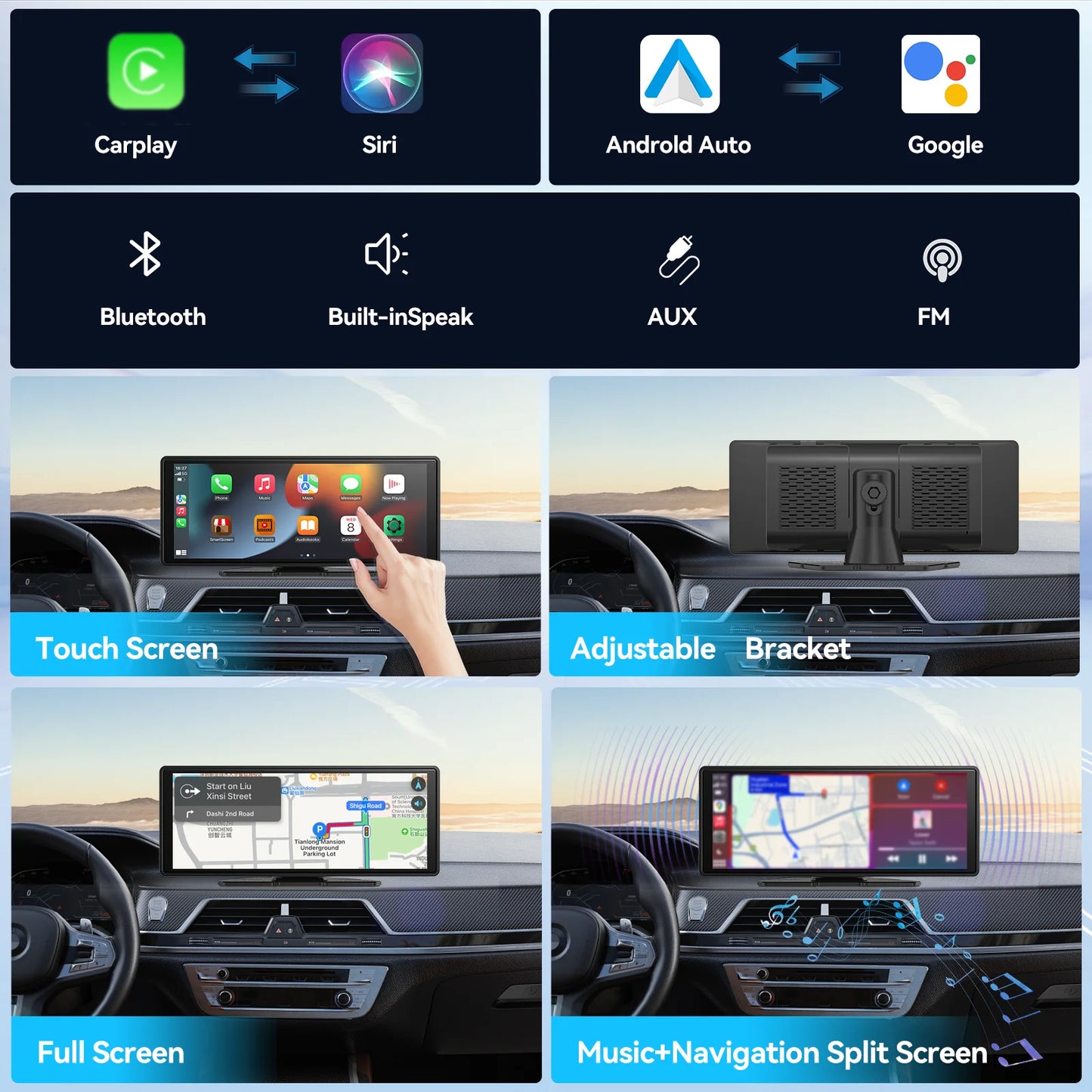 Pionray 10.26” Universal CarPlay Android Auto Car Radio Multimedia Video Player IPS Touch Screen With AUX USB Rearview Camera