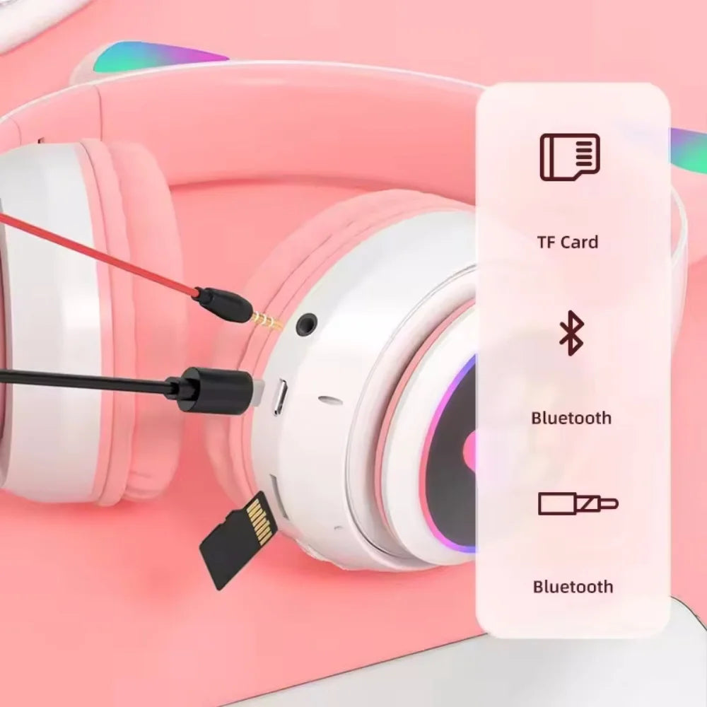 Cute Cat Ear Wireless Headset for Children Girls LED Bluetooth Compatible Stereo Folding Sports Headset with Microphone